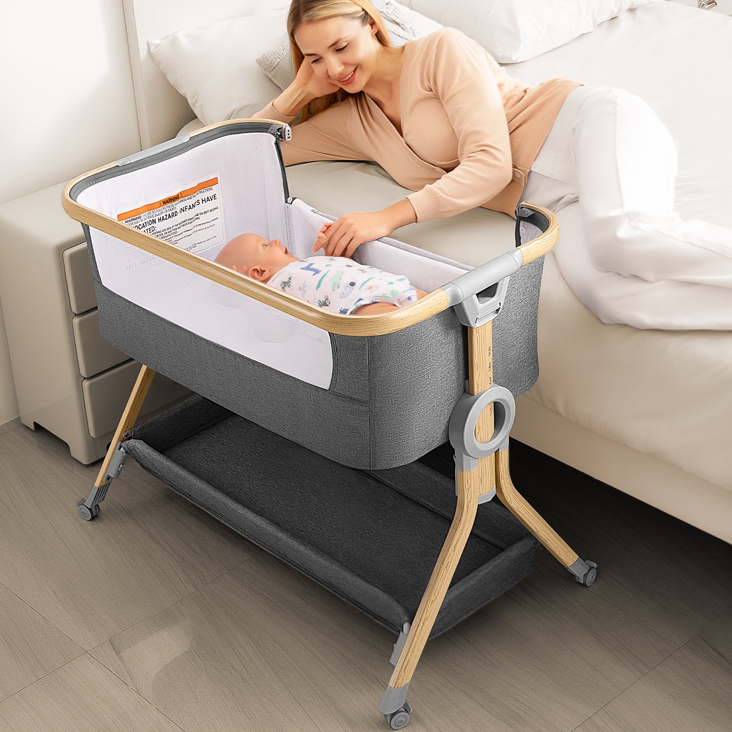 Baby Bassinet Bedside Sleeper, Baby Bed to Babies Cradle, Adjustable 5-Level Height Portable Bed for Newborn/ Infant/ Baby Boy/ Baby Girl (Light Gray)