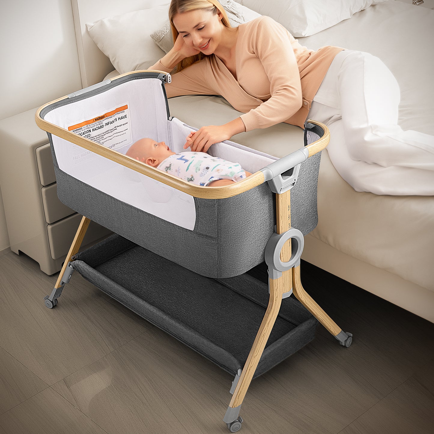 Baby Bassinet Bedside Sleeper, Baby Bed to Babies Cradle, Adjustable 5-Level Height Portable Bed for Newborn/ Infant/ Baby Boy/ Baby Girl (Light Gray)