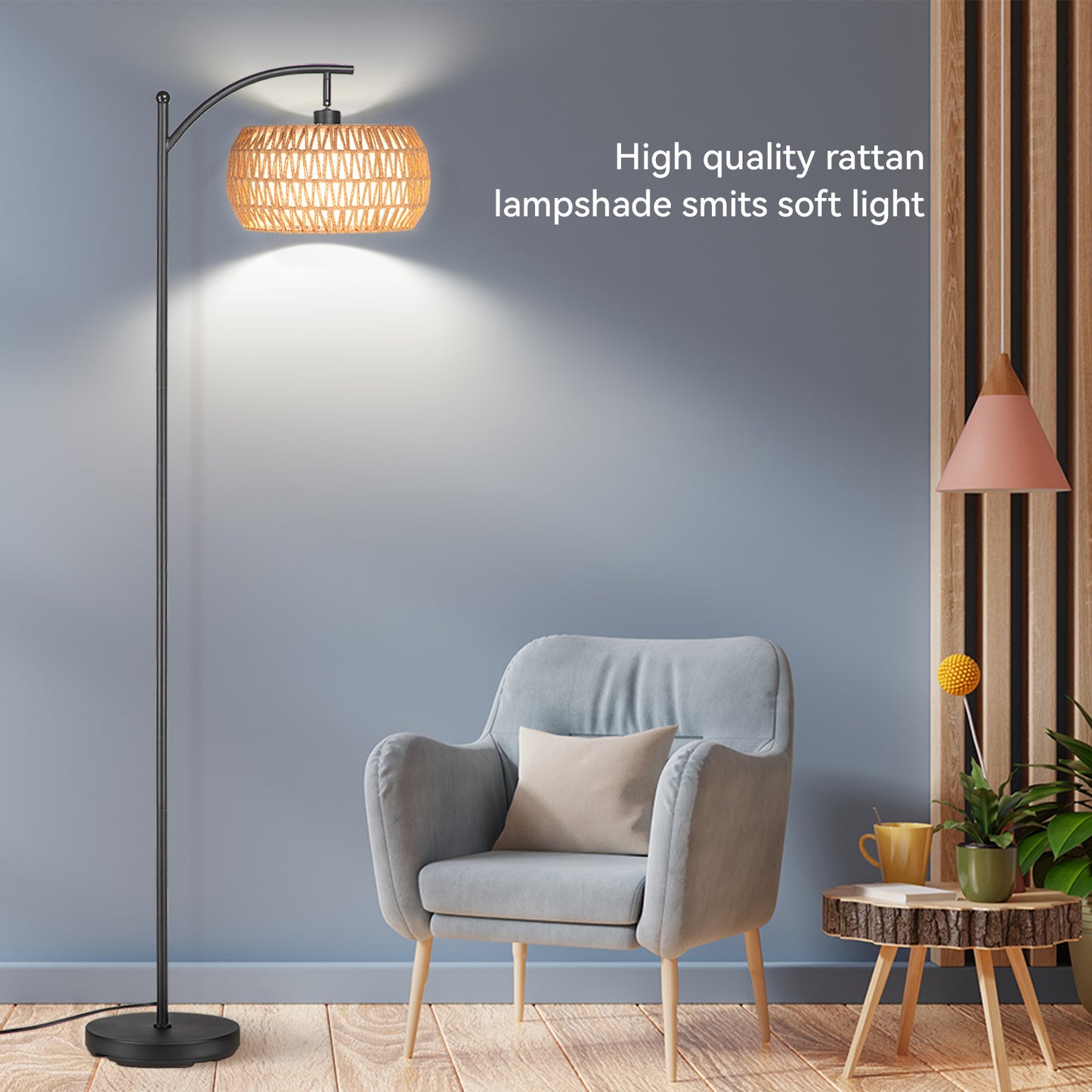 SUNMORY Floor Lamp , Dimmable LED Floor Lamp with 3 Color Temperature, Black Standing Lamp with Rattan & Fabric Double Drum Shade, Boho Farmhouse Tall Pole Lamp for Living Room