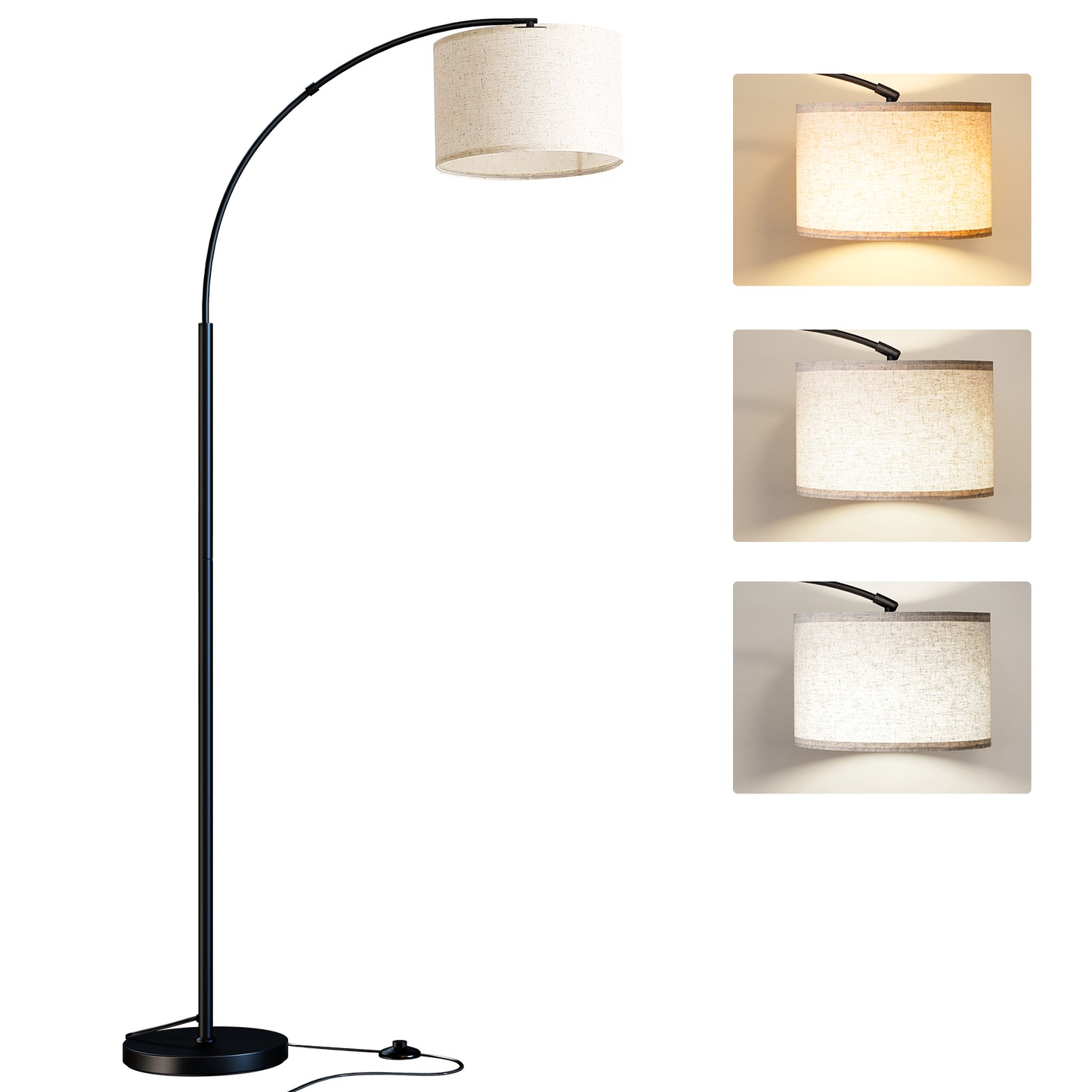 Arc Floor Lamp with Foot Switch, 3 Color Temperature, 9w A19 LED Bulb included, 75″Height Tall Lamp with Hanging Drum Shade, Arched Standing Lamp for Bedroom, Living Room, Office(Black)