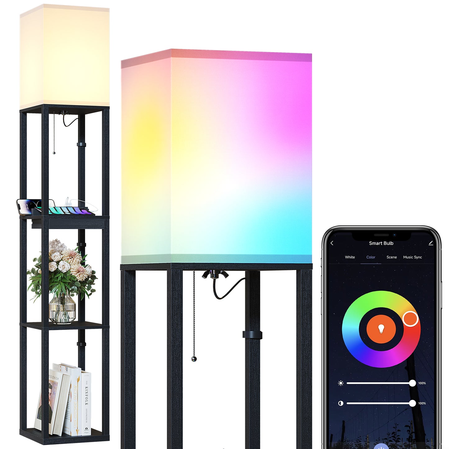 SUNMORY Floor Lamp with Shelves, RGB Light Dimmable Standing Lamp with APP Control, Tall Shelf Lamp for Living Room and Bedroom, Home Decor (Black)