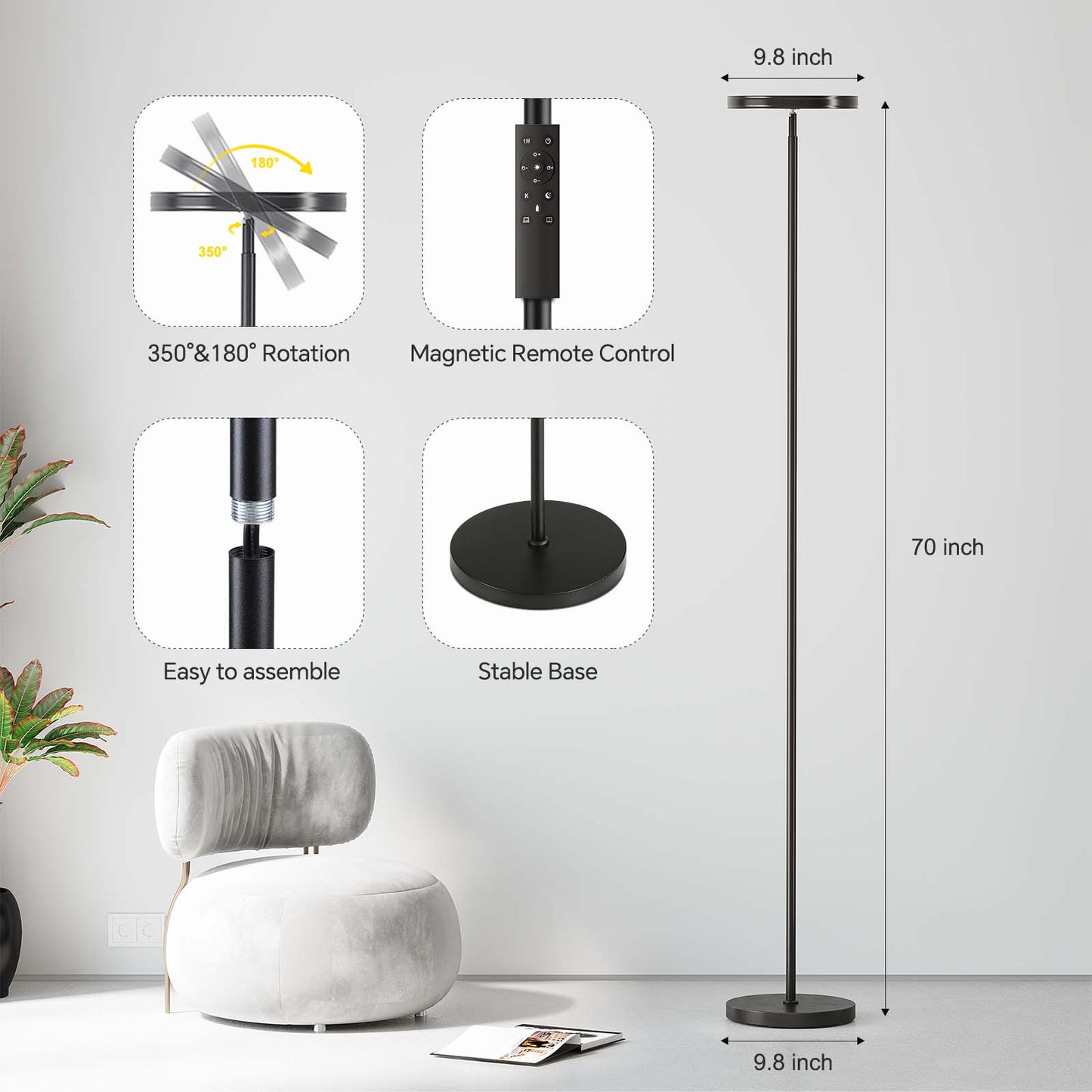 Floor Lamp, 3000LM Bright Floor Lamp for Living Room, LED Modern Tall Floor Lamp with 2700K-6000K Stepless Dimming, 69" Standing Lamp with Remote & Foot Switch for Bedroom Office