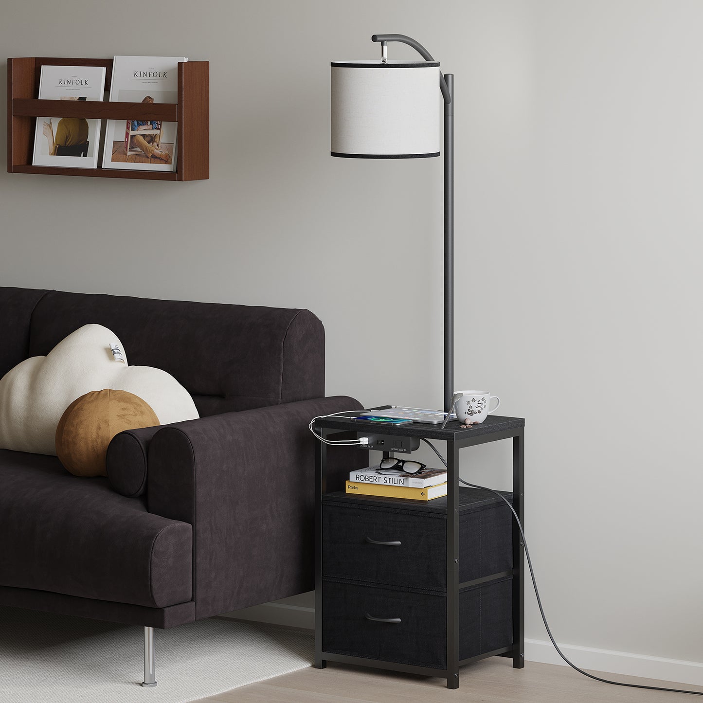 Floor Lamp with Table, Nightstand with Drawer,USB Port End Table Side Table & Reading Light - Black