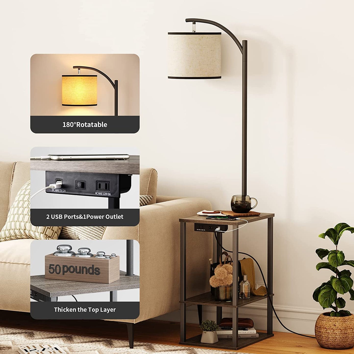 SUNMORY Floor Lamp with Table, Lamps for Living Room with Charging Station(USB & AC Port)