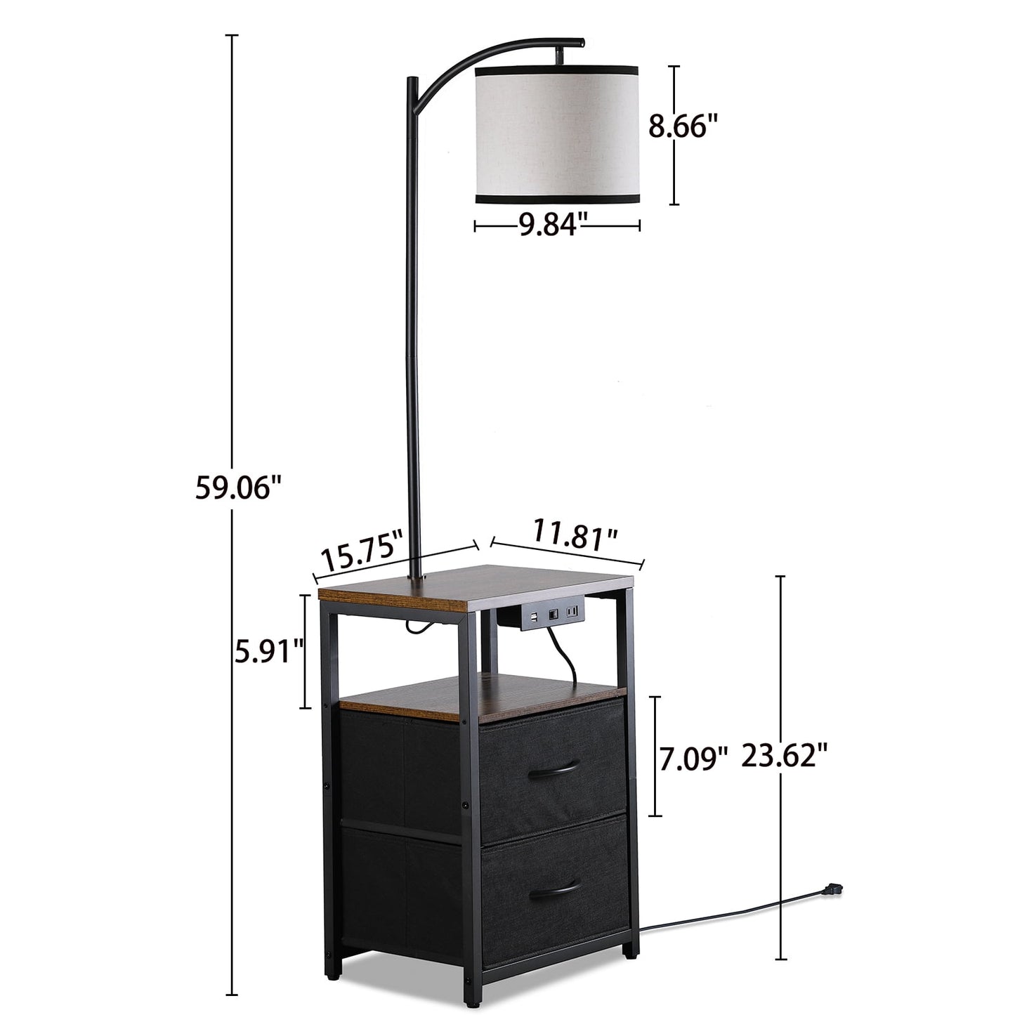 SUNMORY Floor Lamp with Table for Bedroom, Nightstand with Drawers Lamp with USB Port and Outlet Reading Light -Walnut