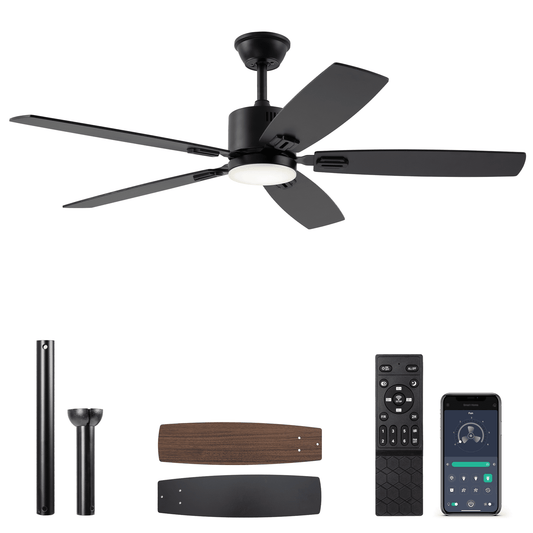 SUNMORY 52" Ceiling Fans with Lights, Smart Ceiling Fan with APP and Remote Control, Reversible DC Motor, Noiseless, Stepless Dimmable, Modern Ceiling Fan for Indoor/Outdoor Use, Black