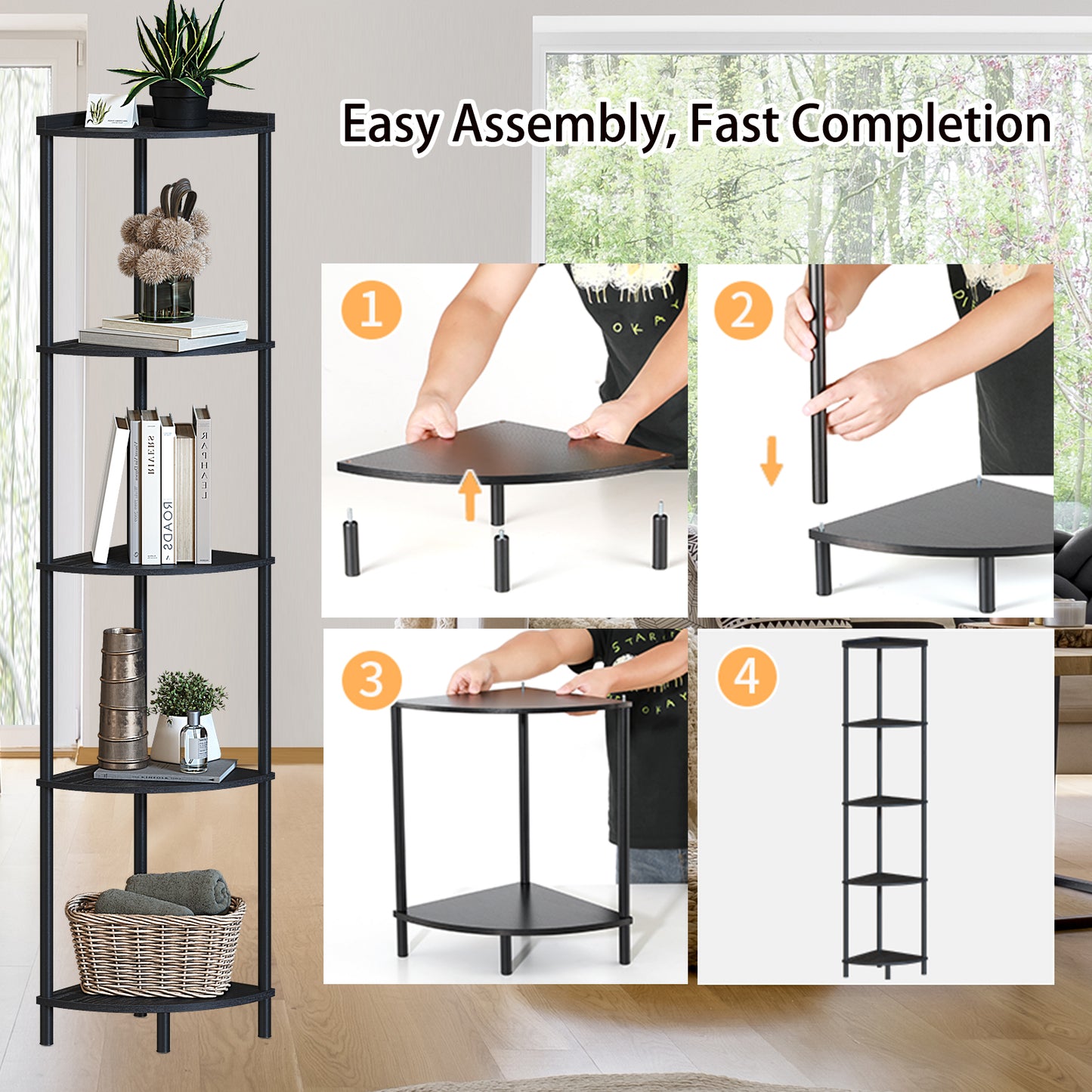 SUNMORY 5-Tier Industrial Corner Shelf Stand, 65" Corner Bookcase Display Shelves, Wall Corner Bookshelf Multi Unit Organizer, Tall Shelf Plant Stand for Bedroom, Bathroom, Living Room. Kitchen(Black)