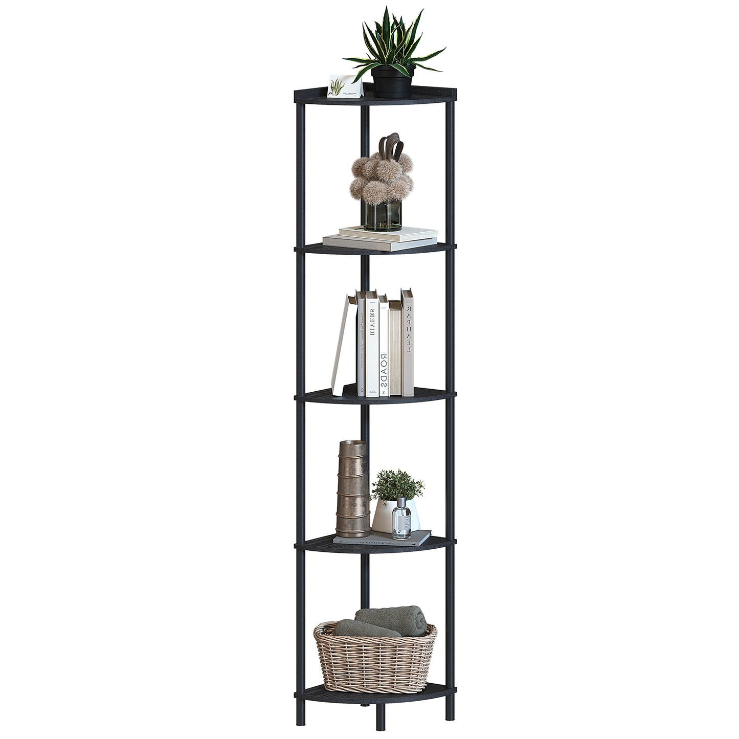 SUNMORY 5-Tier Industrial Corner Shelf Stand, 65" Corner Bookcase Display Shelves, Wall Corner Bookshelf Multi Unit Organizer, Tall Shelf Plant Stand for Bedroom, Bathroom, Living Room. Kitchen(Black)