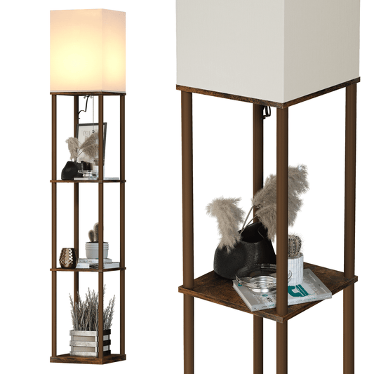 SUNMORY Floor Lamp with Shleves,63" Standing Lamp with 4 Tier Wood Display Shelves and Linen Lampshade