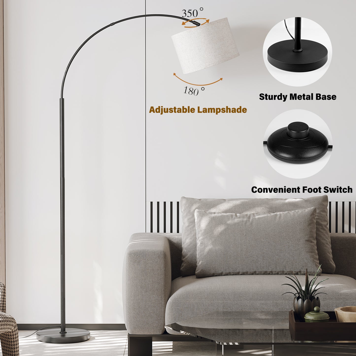 Arc Floor Lamp with Foot Switch, 3 Color Temperature, 9w A19 LED Bulb included, 75″Height Tall Lamp with Hanging Drum Shade, Arched Standing Lamp for Bedroom, Living Room, Office(Black)