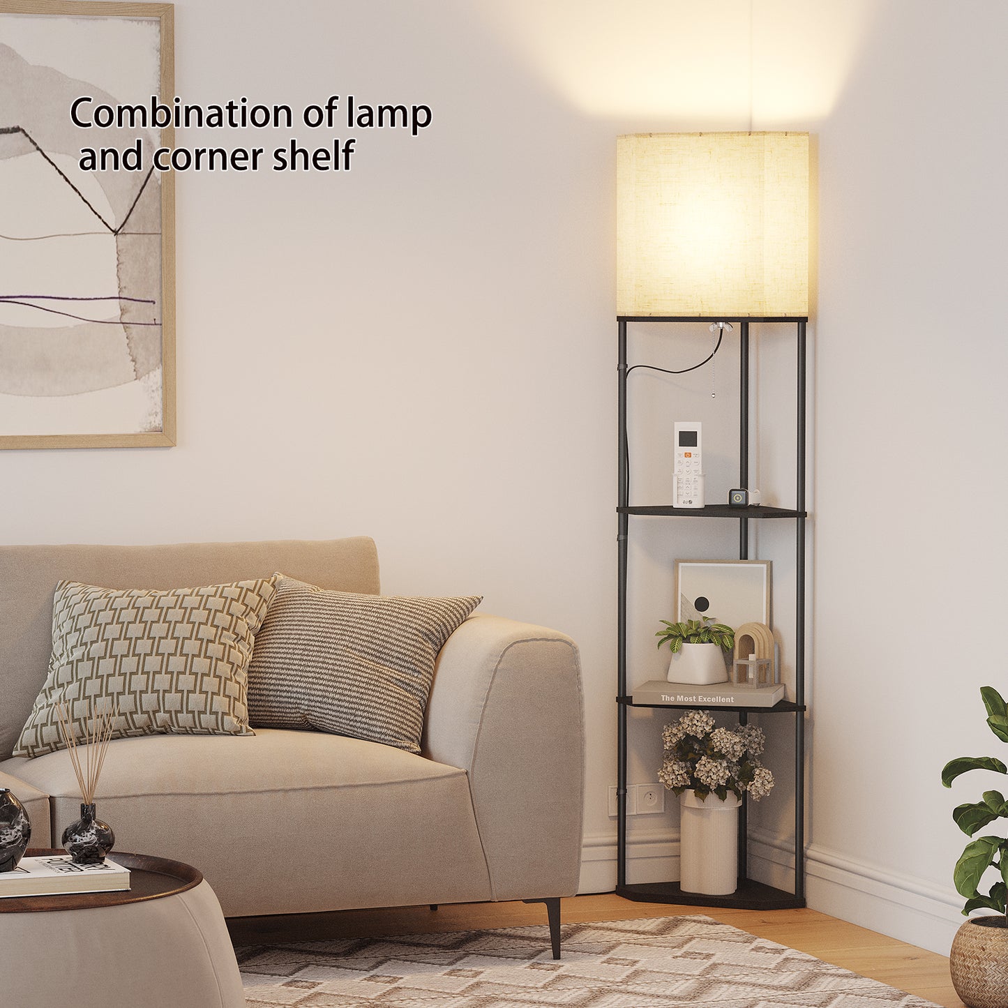 SUNMORY Sector Corner Shelf lamp 3 Color temperatures LED Bulb,Corner lamp with Linen lampshade, Floor Lamps for Living Room, Bedroom, Study, Black Corner lamp with Shelves