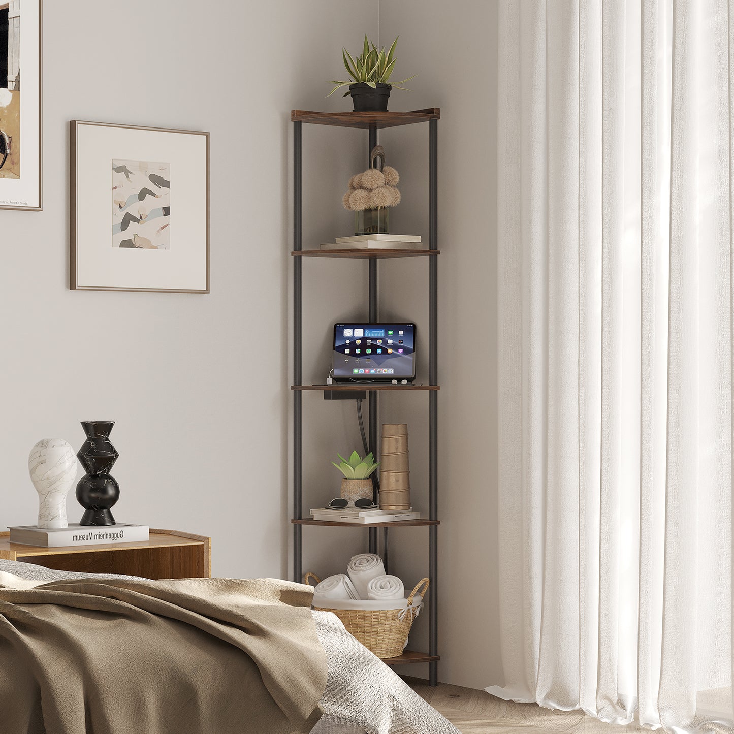 SUNMORY 5 Tier Corner Shelf Stand With 2 USB Ports & 2 Power Outlet,65" Tall Corner Shelves Display Rack for Living Room Decor