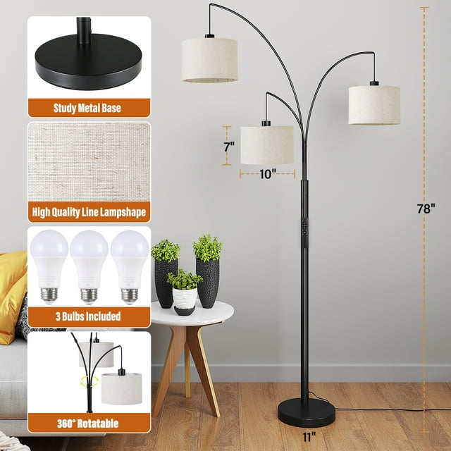 SUNMORY 3 Lights Floor Lamp with Remote Control and 3 Stepless Dimmable Bulbs, 78" Tall Standing Lamp with Hanging Drum Shade & Heavy Base, Modern Arc Floor Lamps for Living Room, Bedroom, Office